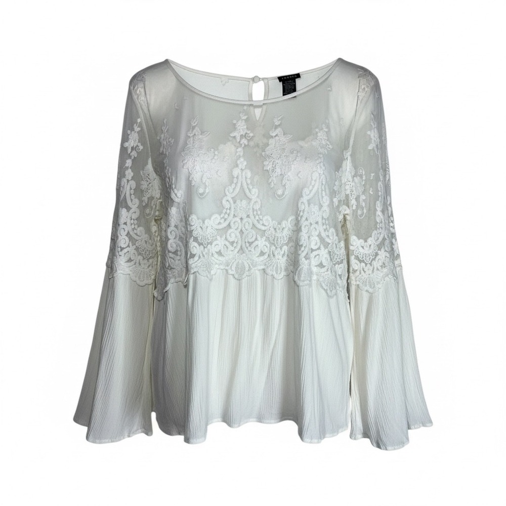 Torrid Lace Mesh Bell Sleeve Top Womens 0 US L/1X Ivory White Floral Boho Blouse